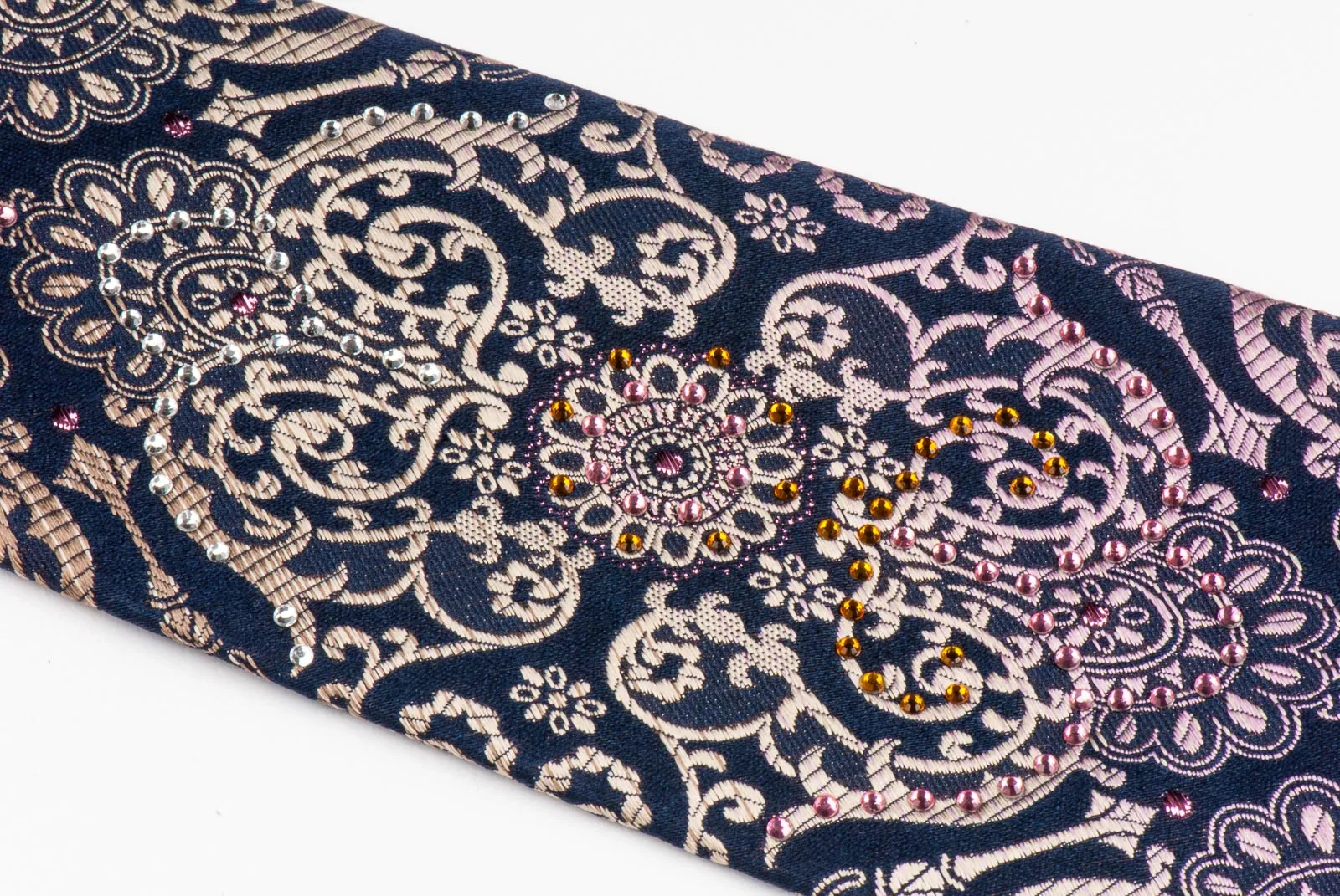 Roygen Rhinestone Silk Neck Tie Beige Damask Design On Black 3 1/4 Inch