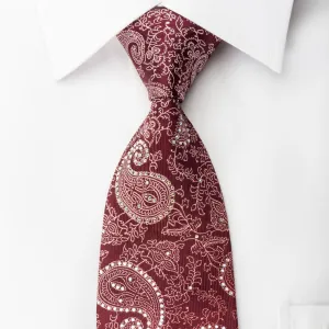 Roygen Woven Silk Necktie Boteh Paisley On Burgundy Sparkling With Rhinestones