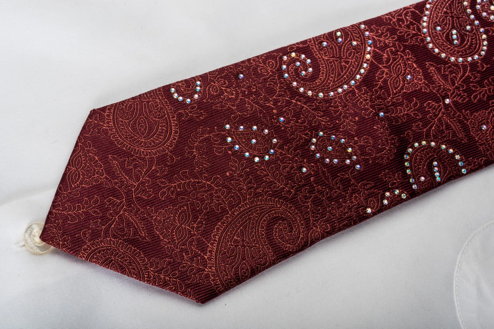 Roygen Woven Silk Necktie Boteh Paisley On Burgundy Sparkling With Rhinestones