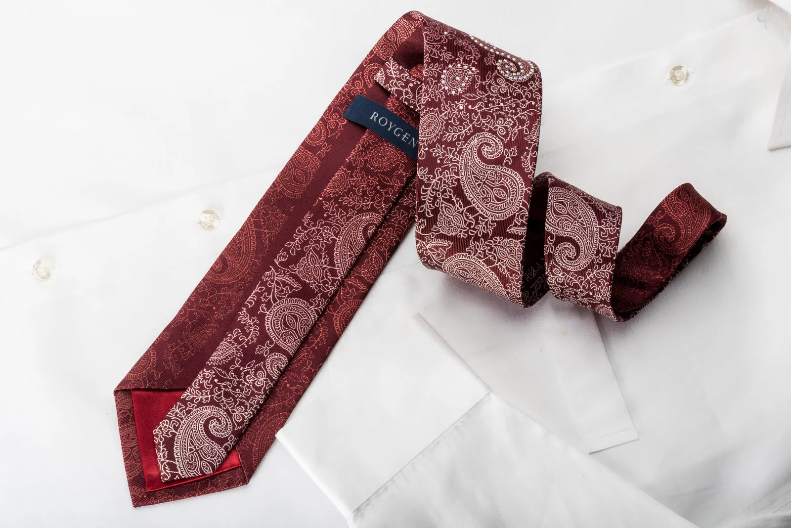 Roygen Woven Silk Necktie Boteh Paisley On Burgundy Sparkling With Rhinestones