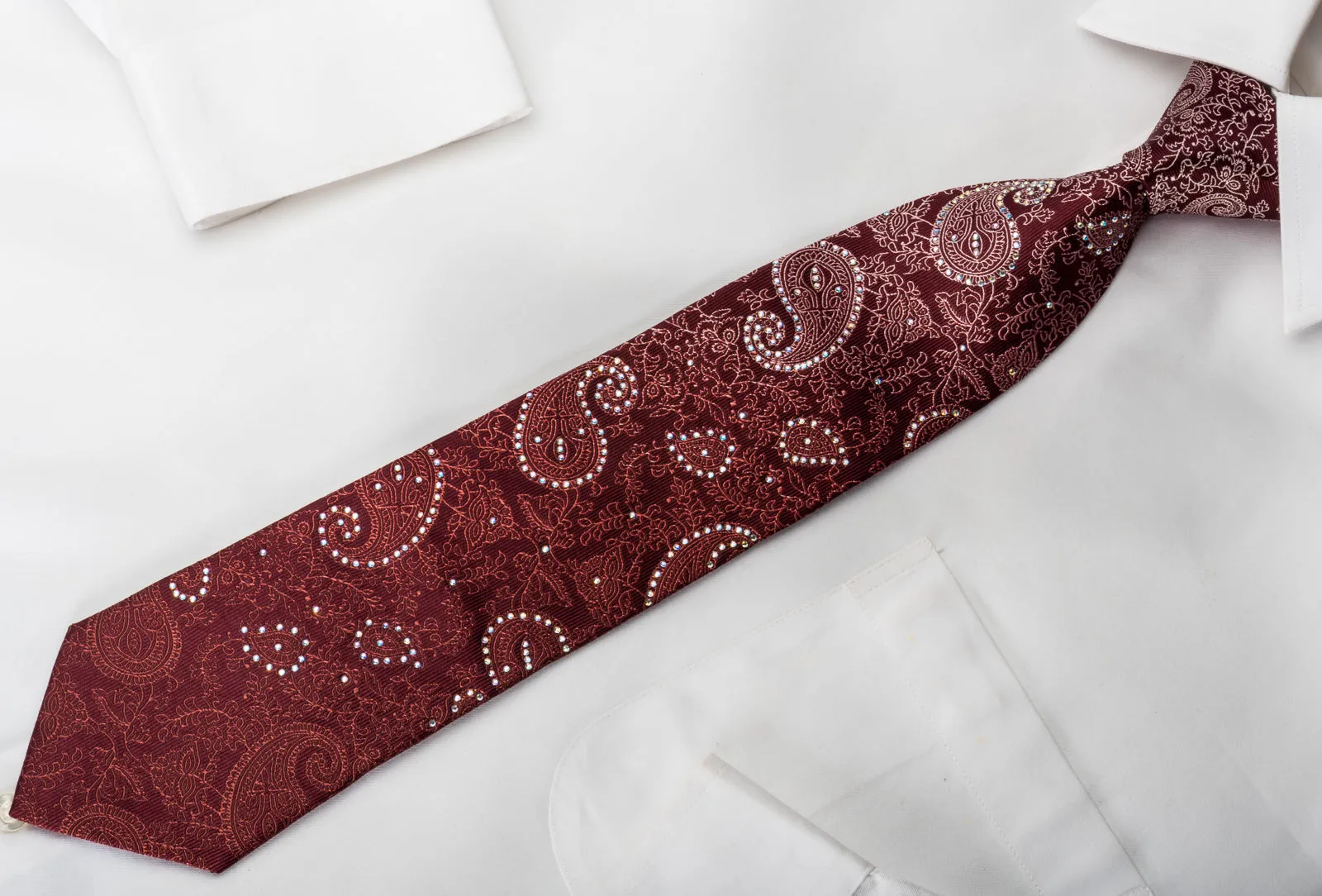 Roygen Woven Silk Necktie Boteh Paisley On Burgundy Sparkling With Rhinestones