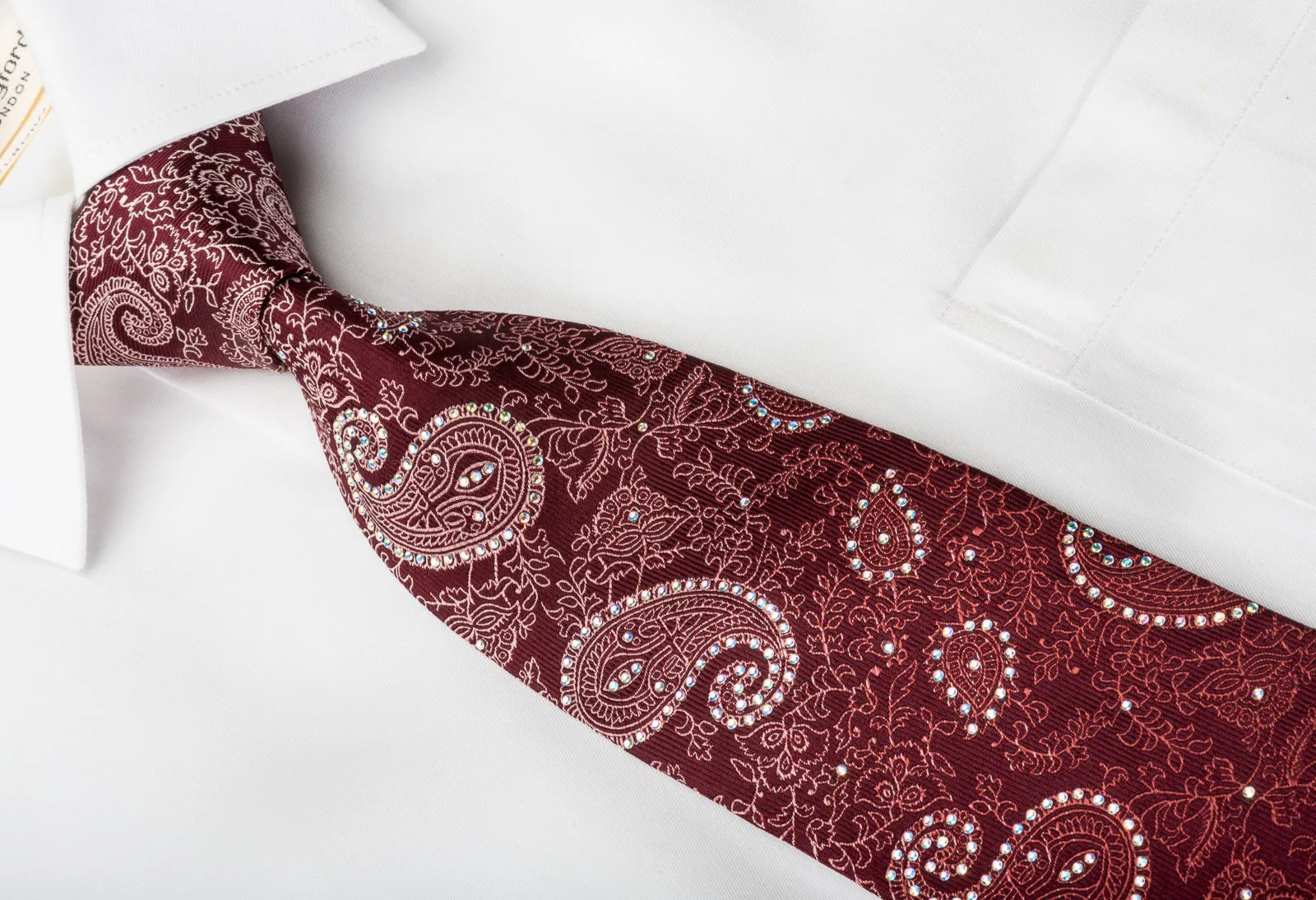 Roygen Woven Silk Necktie Boteh Paisley On Burgundy Sparkling With Rhinestones