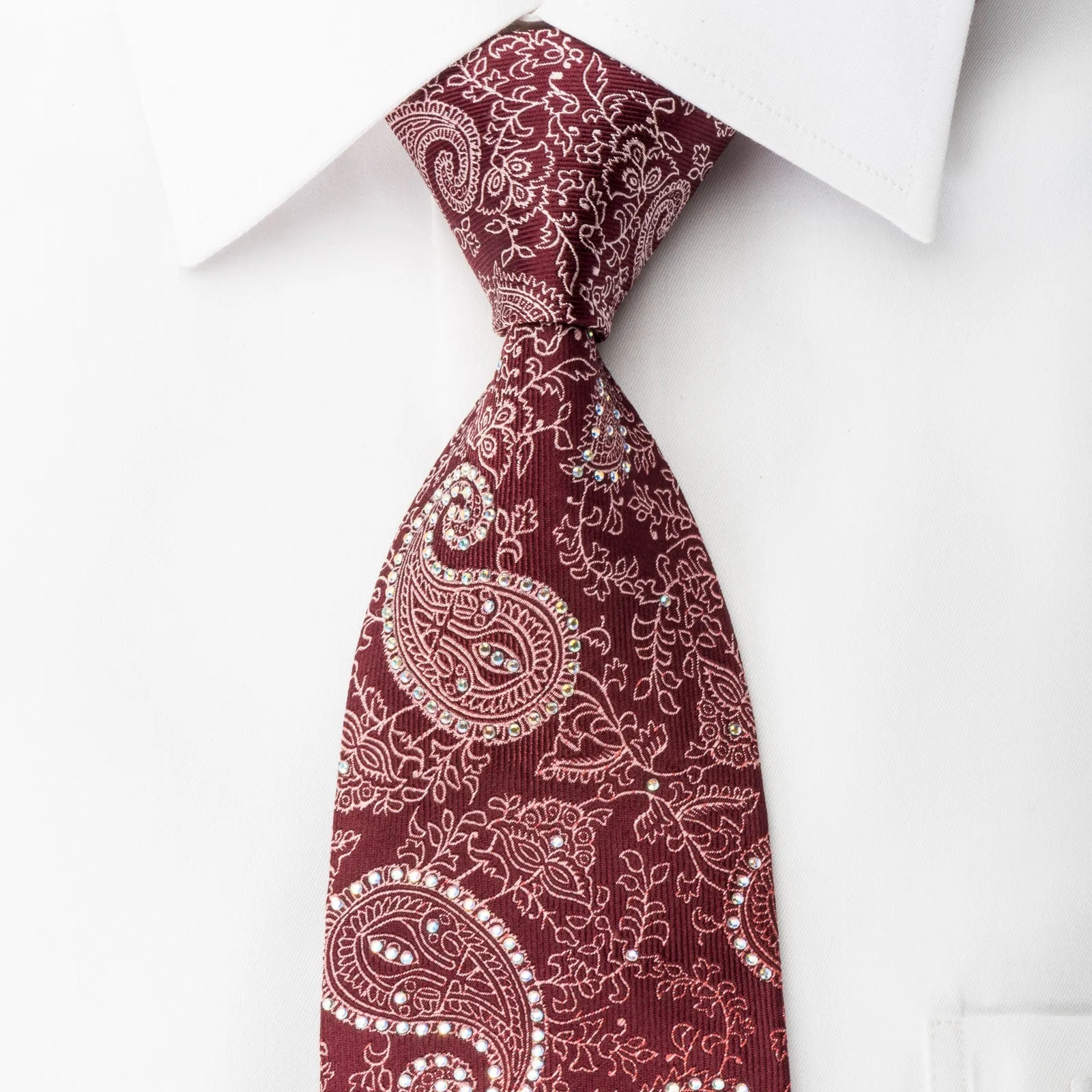 Roygen Woven Silk Necktie Boteh Paisley On Burgundy Sparkling With Rhinestones