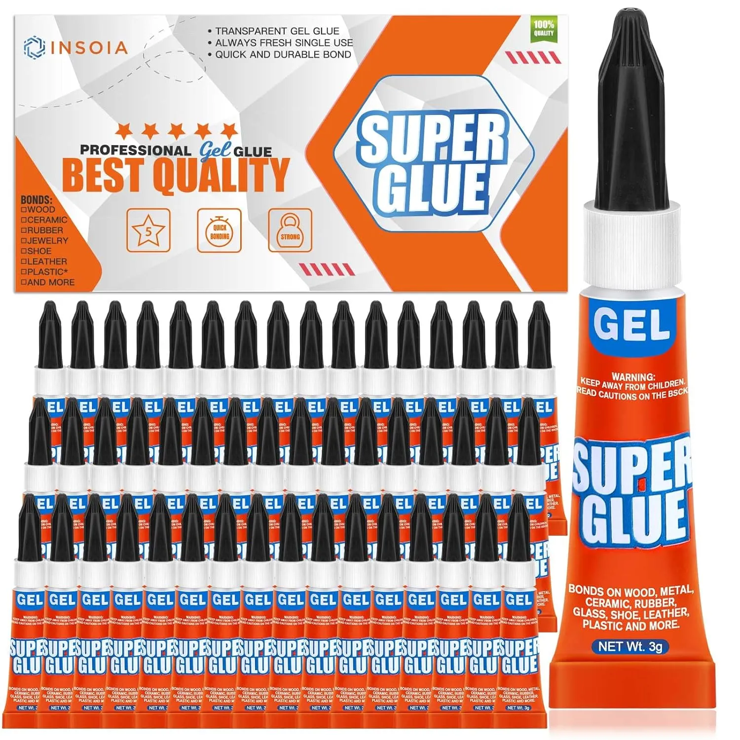 Super Glue Gel Clear Non-Drip, 48 X 3g All Purpose Strong Adhesive Ca Glue Quick Dry Instant Glue for Plastic, Metal, Ceramic, Shoe, Wood, Leather, Model, Aquarium, Rhinestone, Jewelry and DIY Crafts