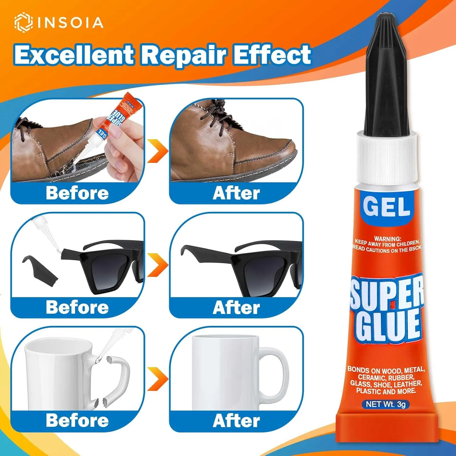 Super Glue Gel Clear Non-Drip, 48 X 3g All Purpose Strong Adhesive Ca Glue Quick Dry Instant Glue for Plastic, Metal, Ceramic, Shoe, Wood, Leather, Model, Aquarium, Rhinestone, Jewelry and DIY Crafts