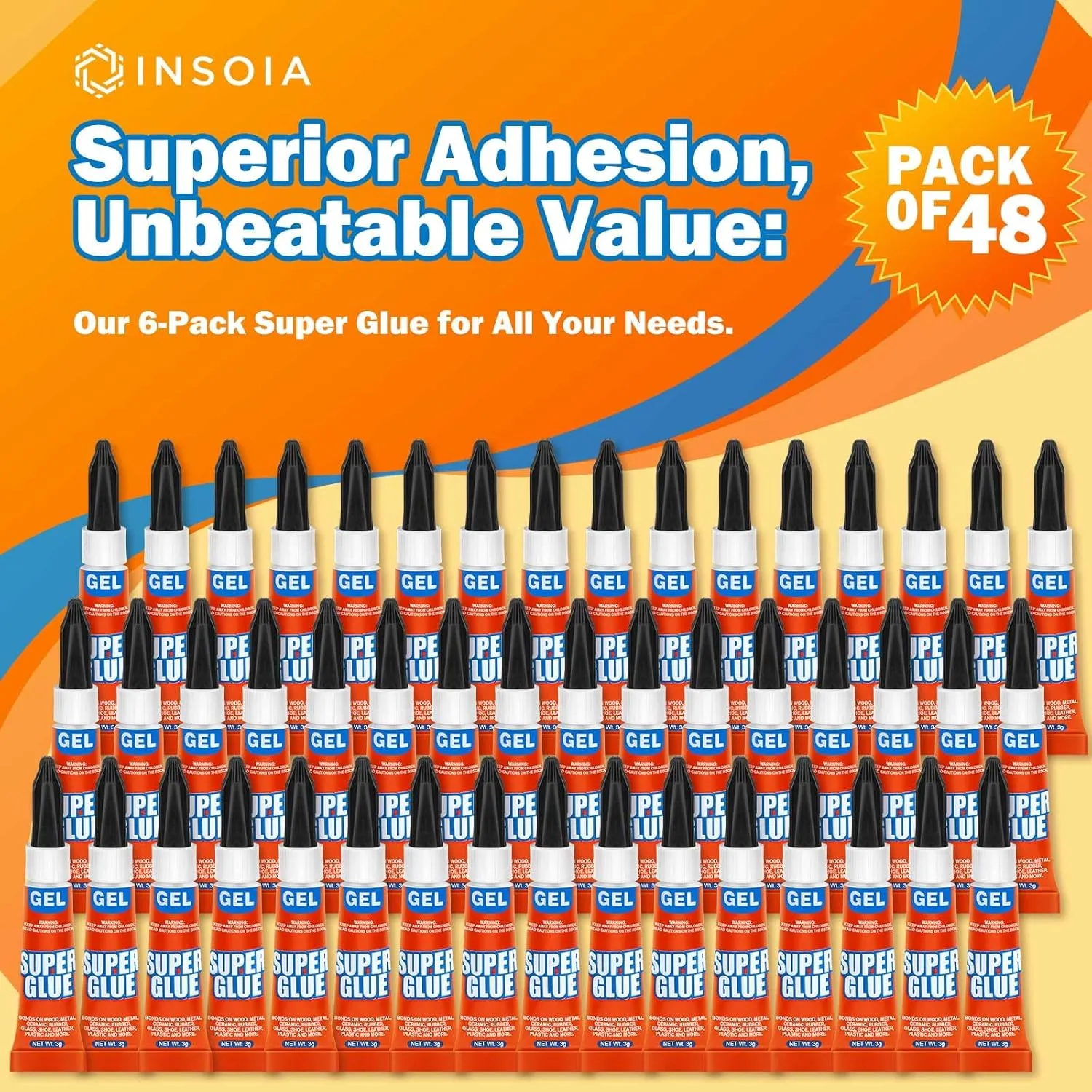 Super Glue Gel Clear Non-Drip, 48 X 3g All Purpose Strong Adhesive Ca Glue Quick Dry Instant Glue for Plastic, Metal, Ceramic, Shoe, Wood, Leather, Model, Aquarium, Rhinestone, Jewelry and DIY Crafts