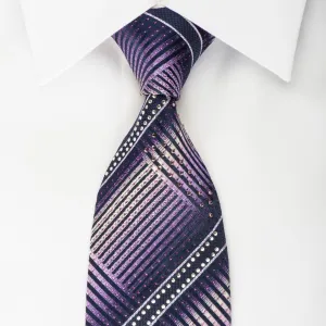 Tremolo Men's Silk Necktie Striped On Purple Sparkling With Rhinestones