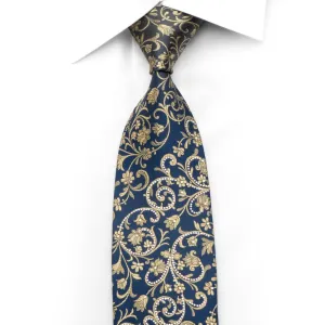 Ungaro Men's Silk Necktie Gold Floral On Blue Sparkling With Rhinestones