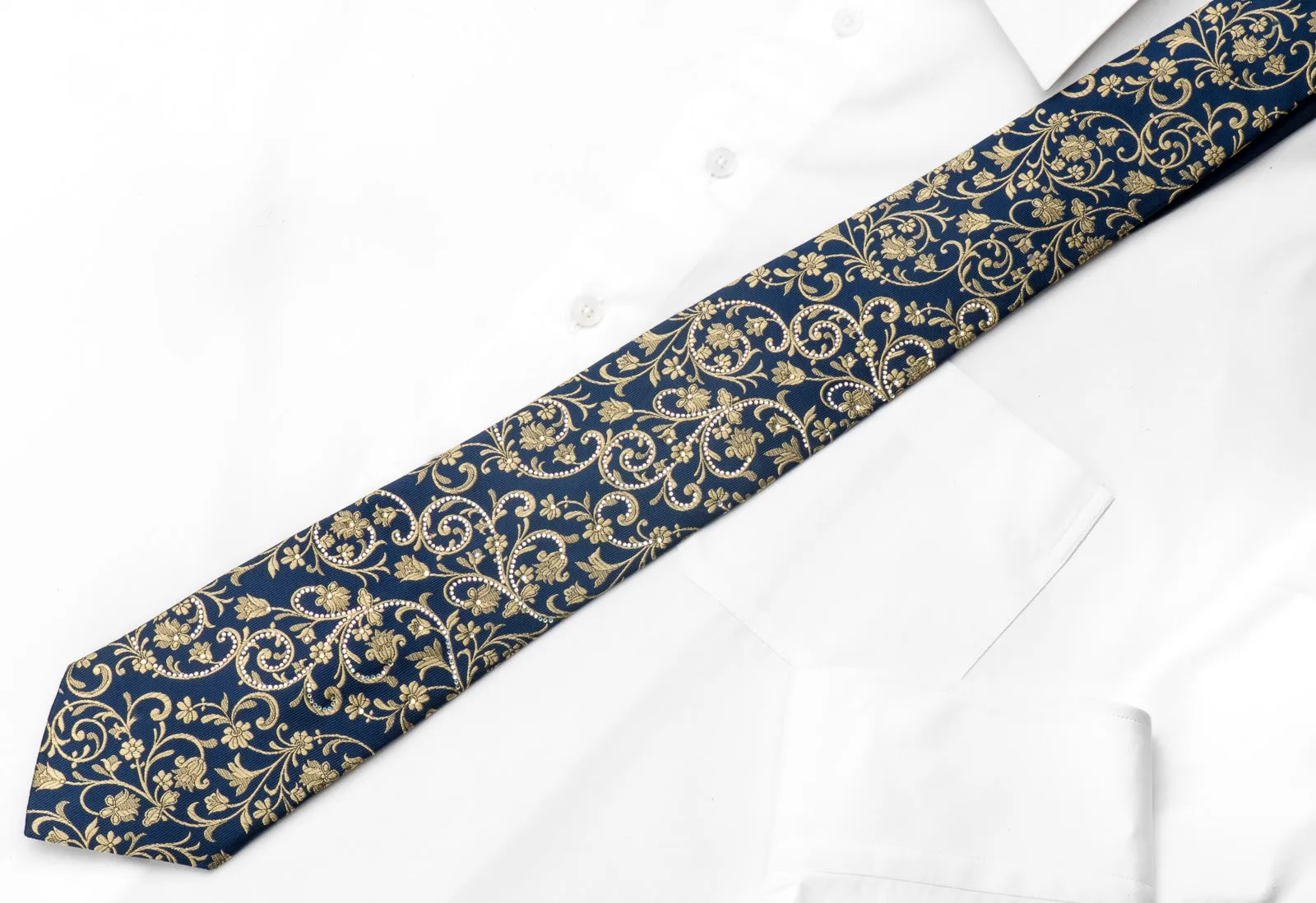 Ungaro Men's Silk Necktie Gold Floral On Blue Sparkling With Rhinestones