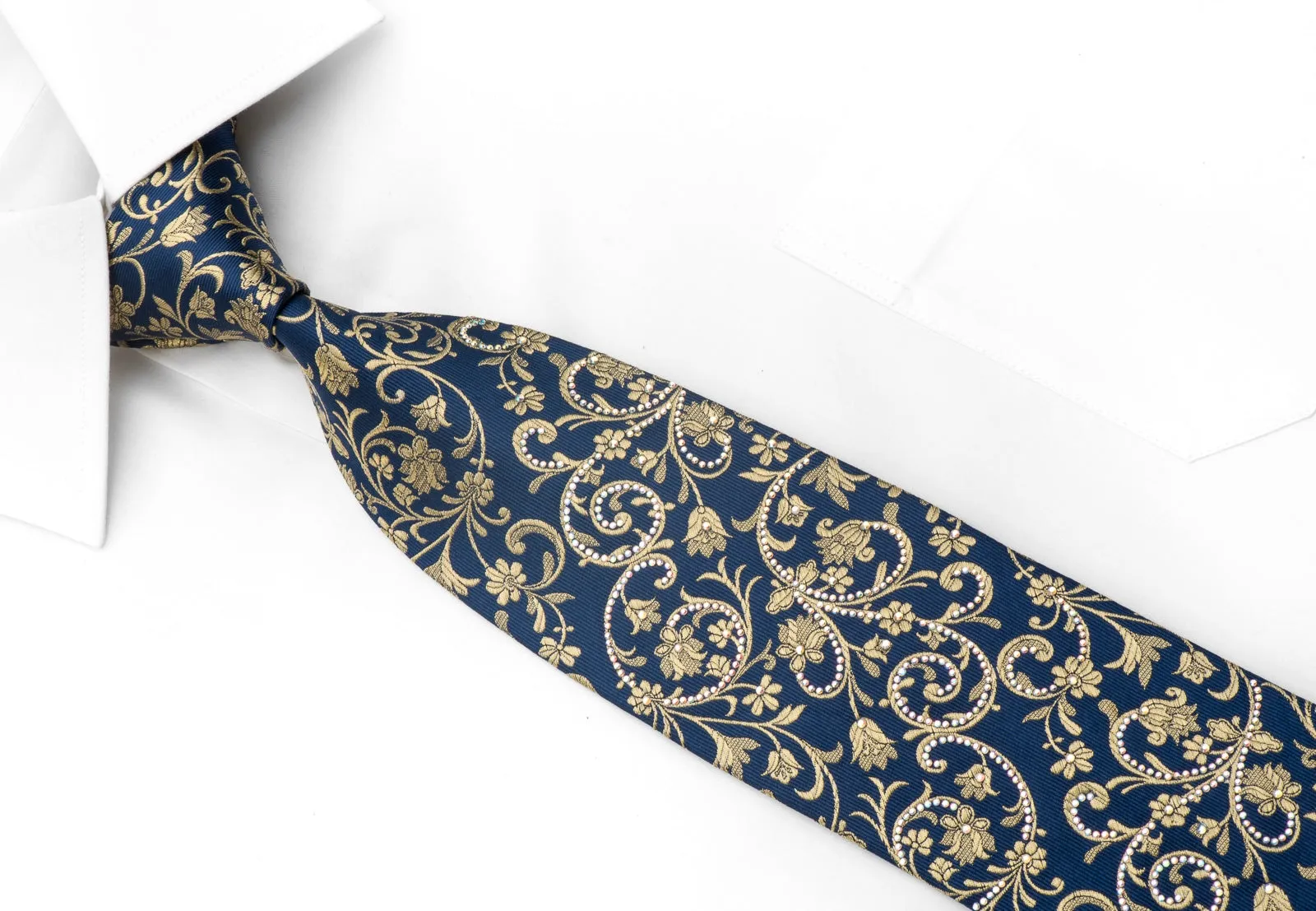 Ungaro Men's Silk Necktie Gold Floral On Blue Sparkling With Rhinestones