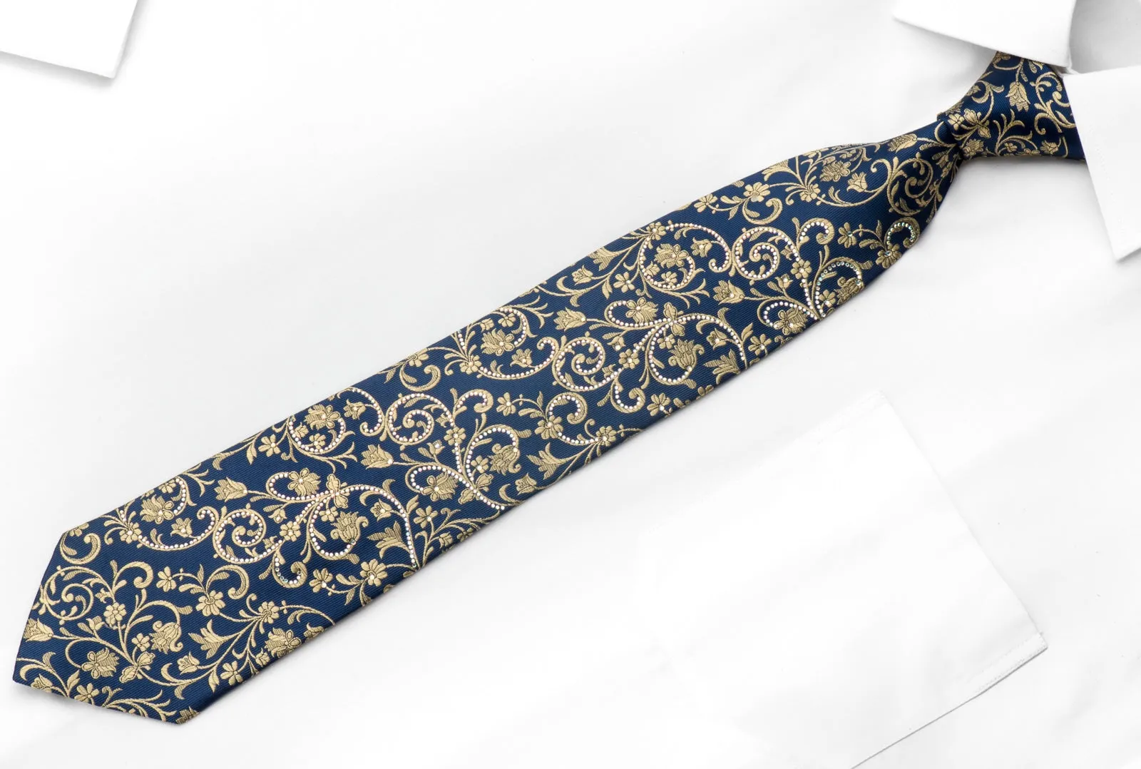 Ungaro Men's Silk Necktie Gold Floral On Blue Sparkling With Rhinestones