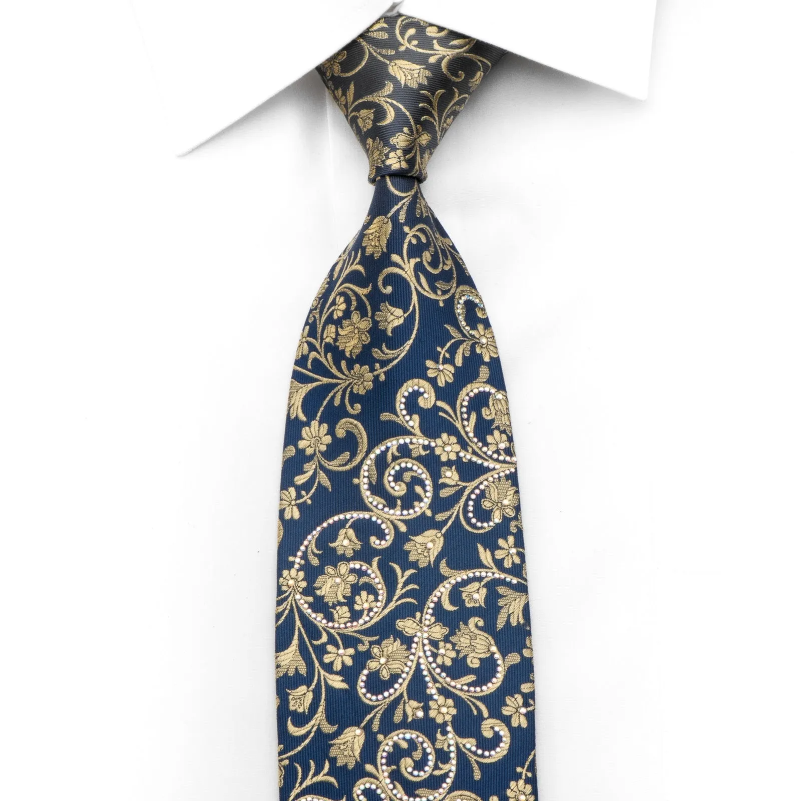 Ungaro Men's Silk Necktie Gold Floral On Blue Sparkling With Rhinestones