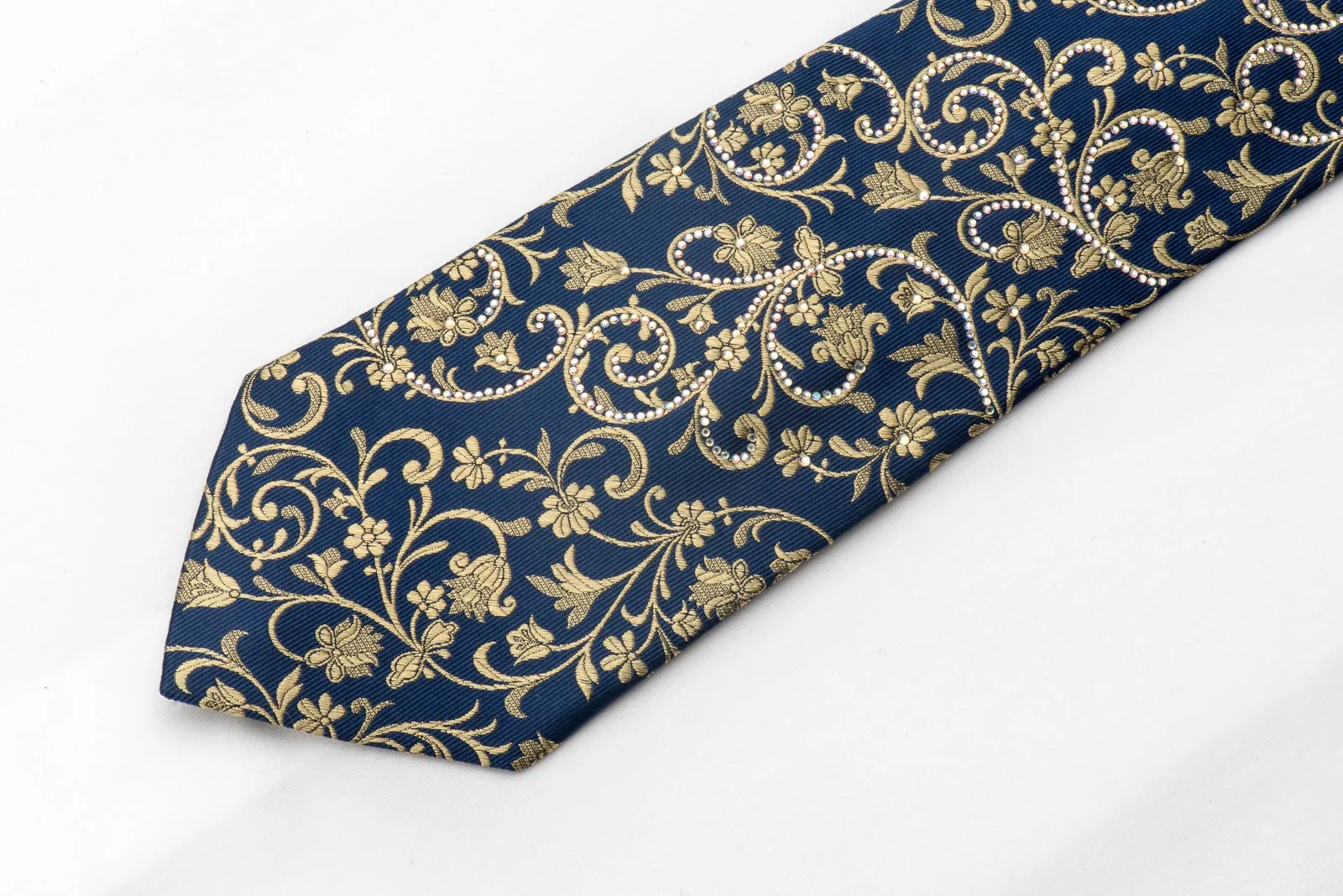 Ungaro Men's Silk Necktie Gold Floral On Blue Sparkling With Rhinestones
