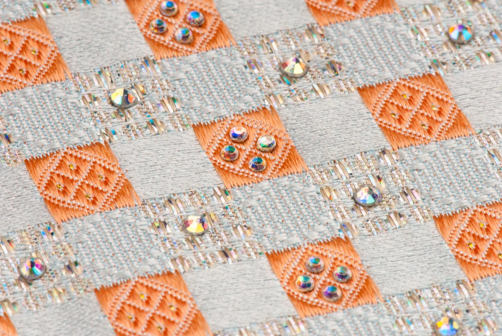Ungaro Silk Neck Tie Rhinestones On Peach Orange & Cream Chequer 3 1/2 Inch
