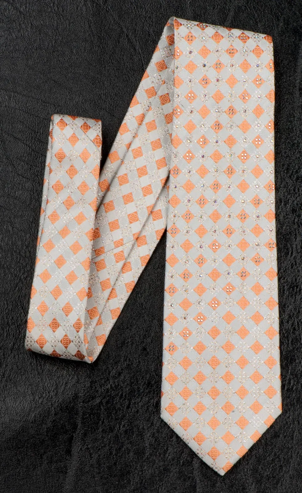 Ungaro Silk Neck Tie Rhinestones On Peach Orange & Cream Chequer 3 1/2 Inch