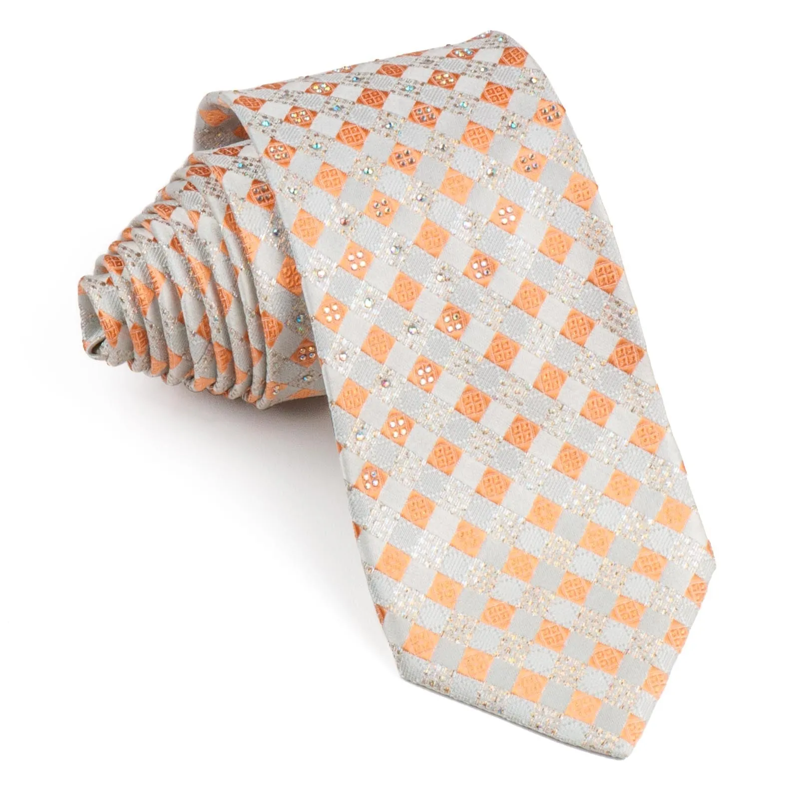 Ungaro Silk Neck Tie Rhinestones On Peach Orange & Cream Chequer 3 1/2 Inch