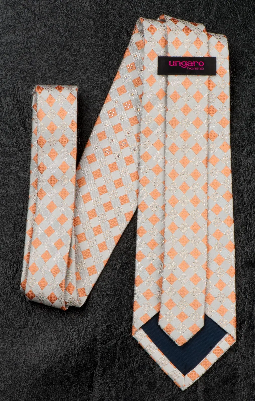 Ungaro Silk Neck Tie Rhinestones On Peach Orange & Cream Chequer 3 1/2 Inch