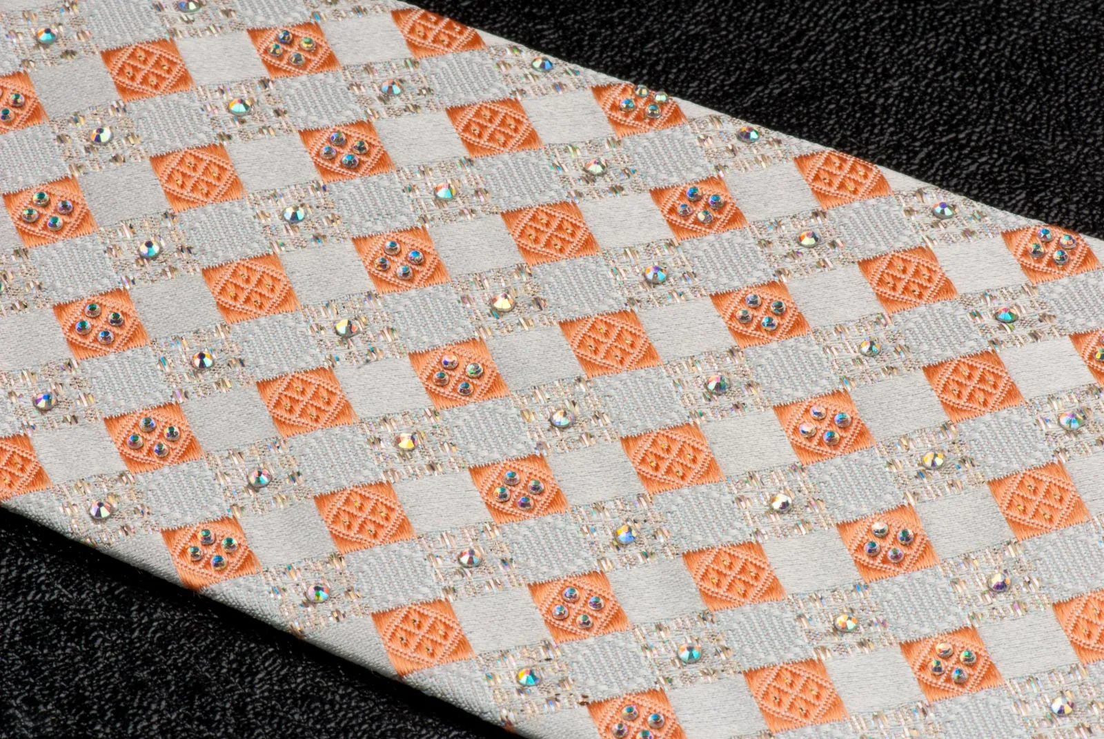 Ungaro Silk Neck Tie Rhinestones On Peach Orange & Cream Chequer 3 1/2 Inch