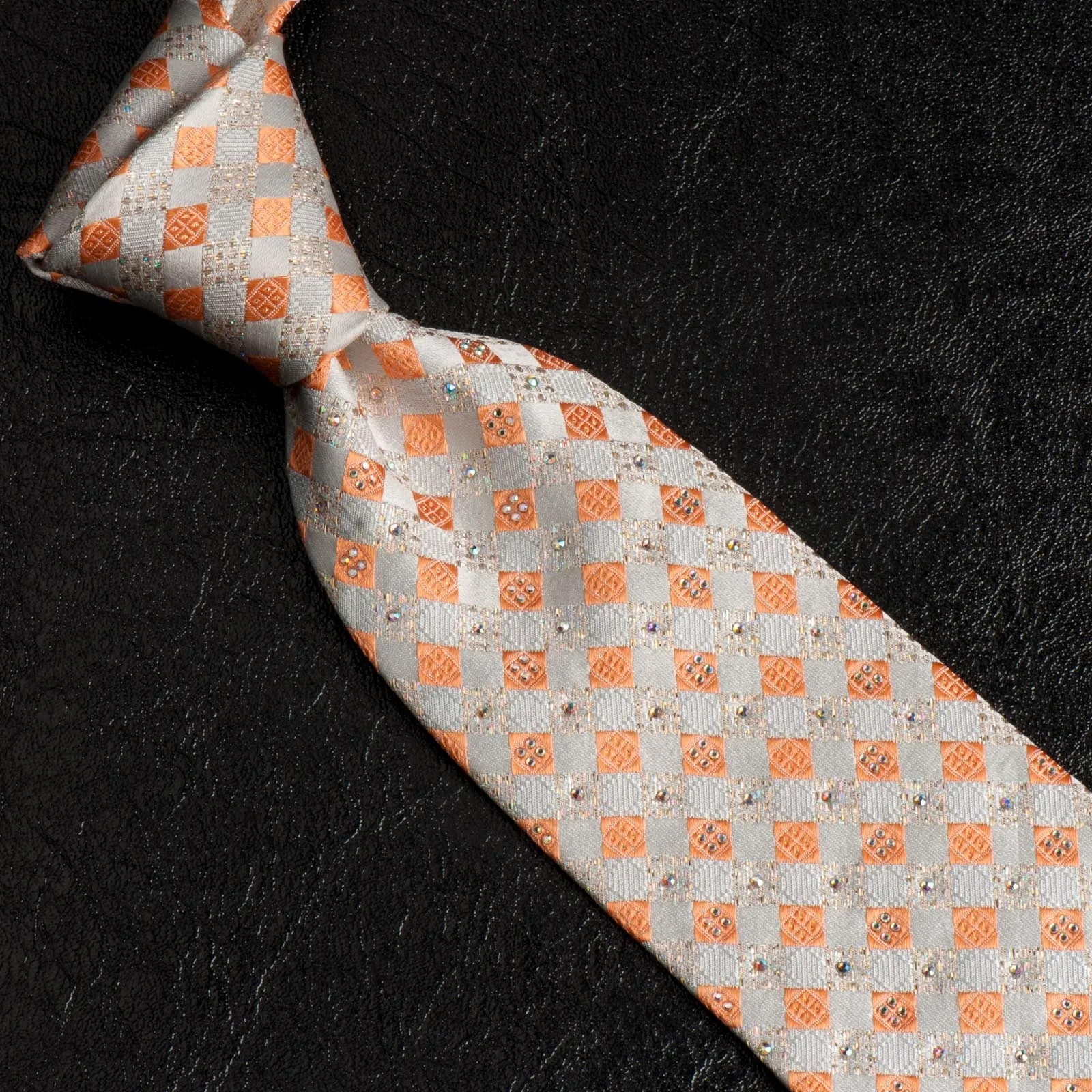 Ungaro Silk Neck Tie Rhinestones On Peach Orange & Cream Chequer 3 1/2 Inch