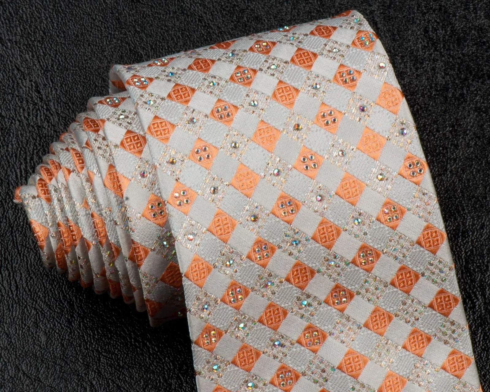 Ungaro Silk Neck Tie Rhinestones On Peach Orange & Cream Chequer 3 1/2 Inch