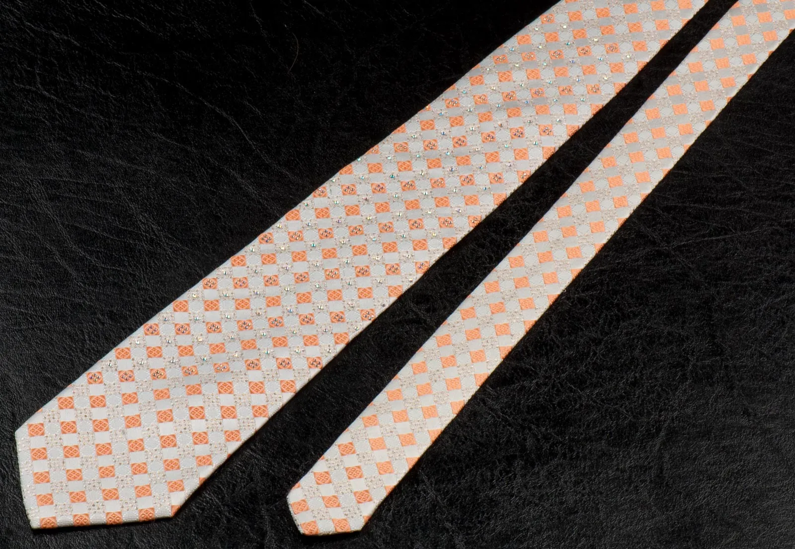Ungaro Silk Neck Tie Rhinestones On Peach Orange & Cream Chequer 3 1/2 Inch