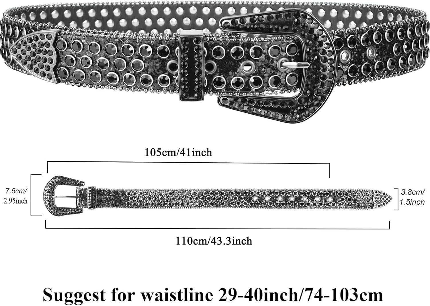 UTOWO Rhinestone Belt for Women Men, Western Cowgirl Cowboy Bling Sequin Leather Belt for Jeans Pants(for waist size 29-39"