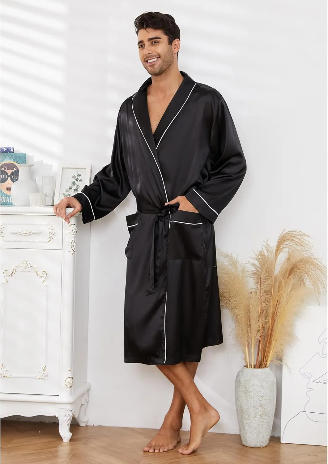 Vulcanodon Men??s Satin Robe Lightweight,Men's Luxurious Silk Kimono Bathrobe