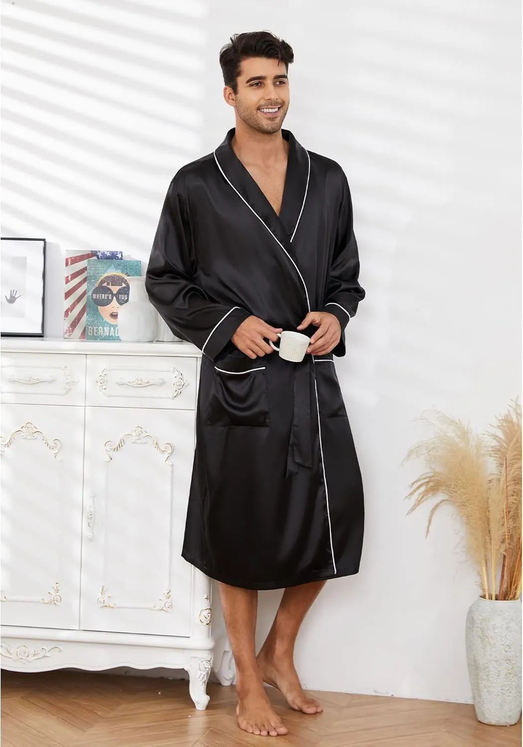 Vulcanodon Men??s Satin Robe Lightweight,Men's Luxurious Silk Kimono Bathrobe