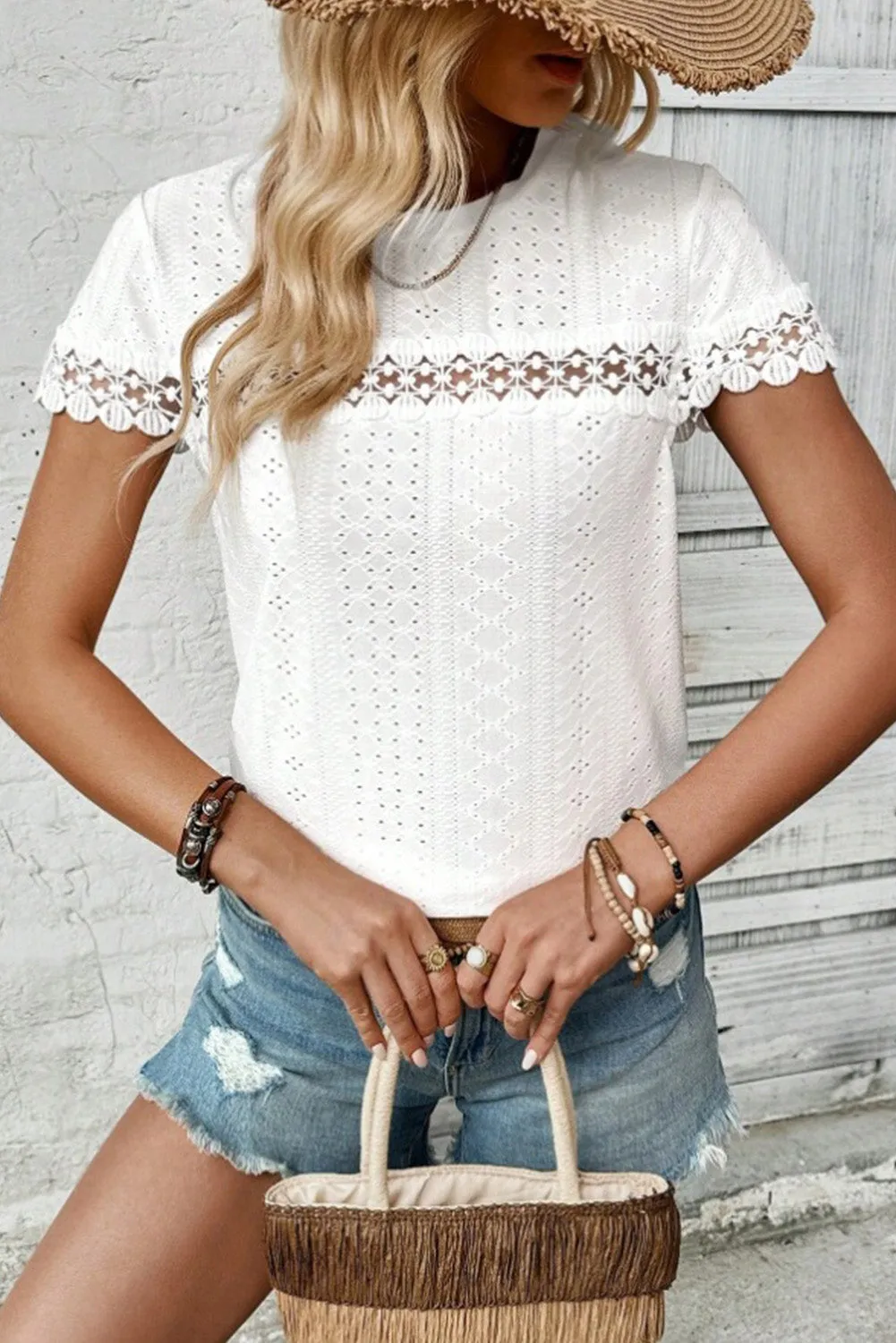 White Solid Color V-Neck Lace Patchwork Eyelet Blouse