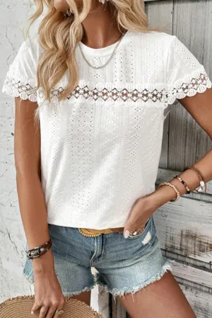 White Solid Color V-Neck Lace Patchwork Eyelet Blouse