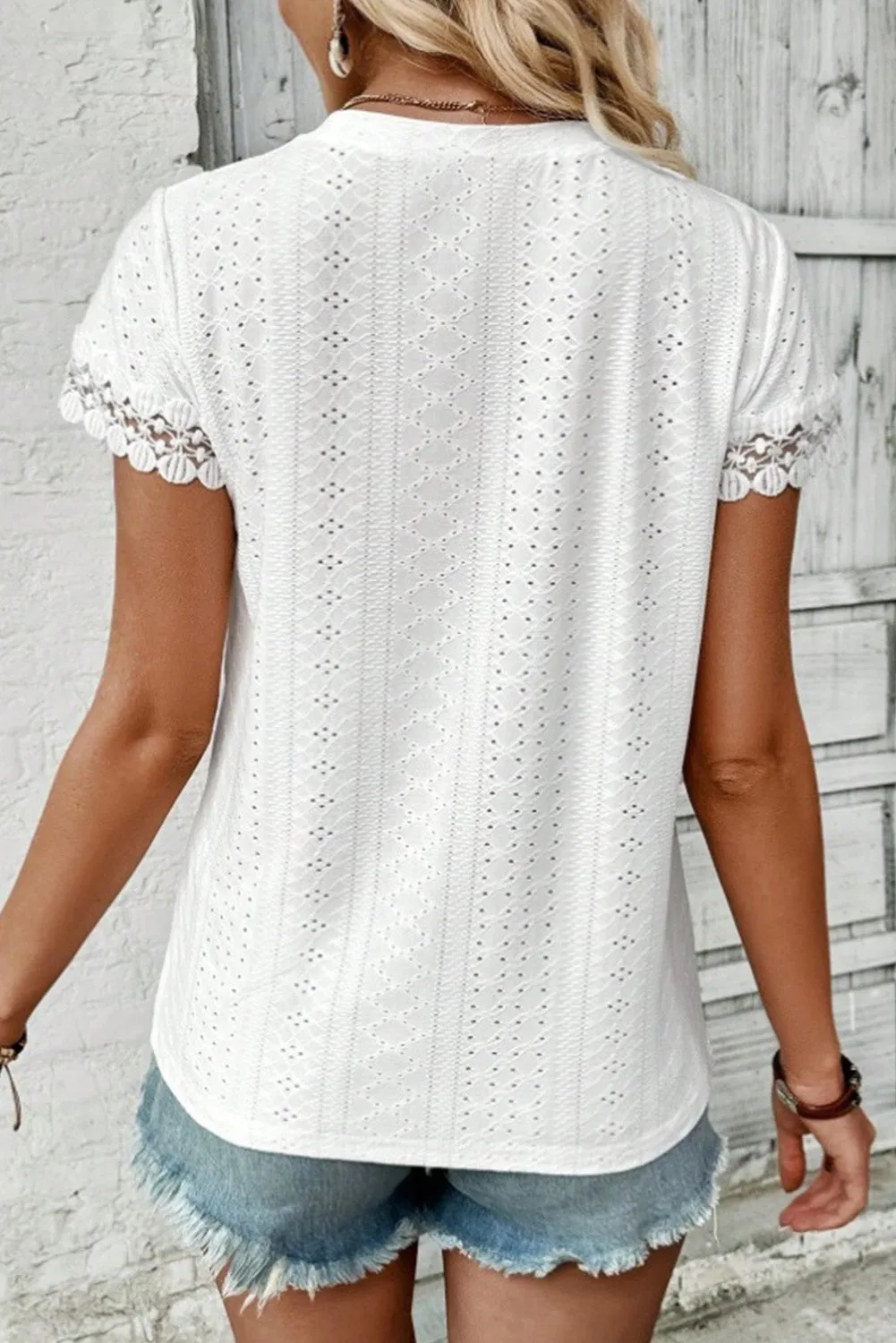 White Solid Color V-Neck Lace Patchwork Eyelet Blouse